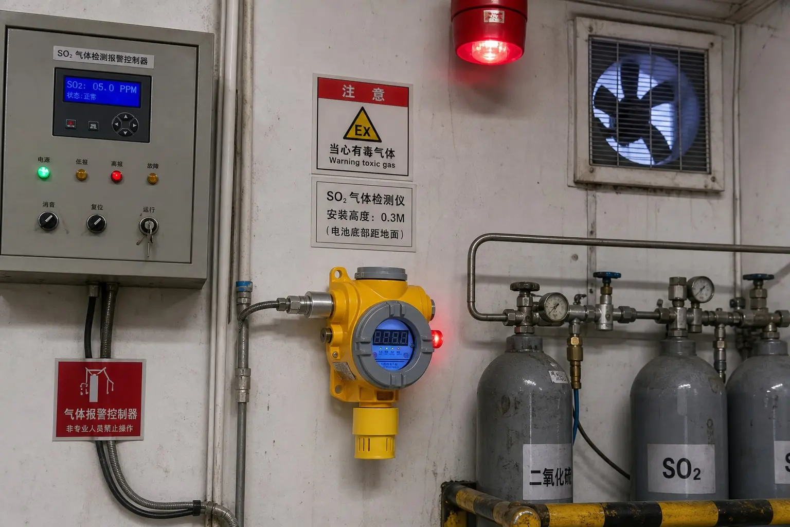 SO2 gas detection system connected to warning alarms ventilation and industrial controls