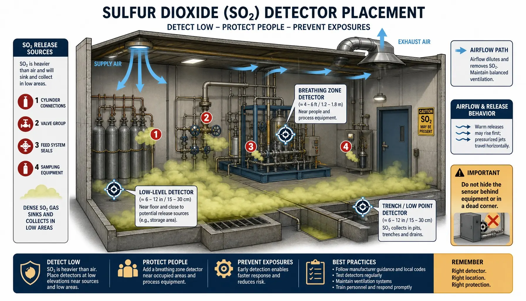 Sulfur dioxide detector placement near SO2 release points with airflow and low areas considered