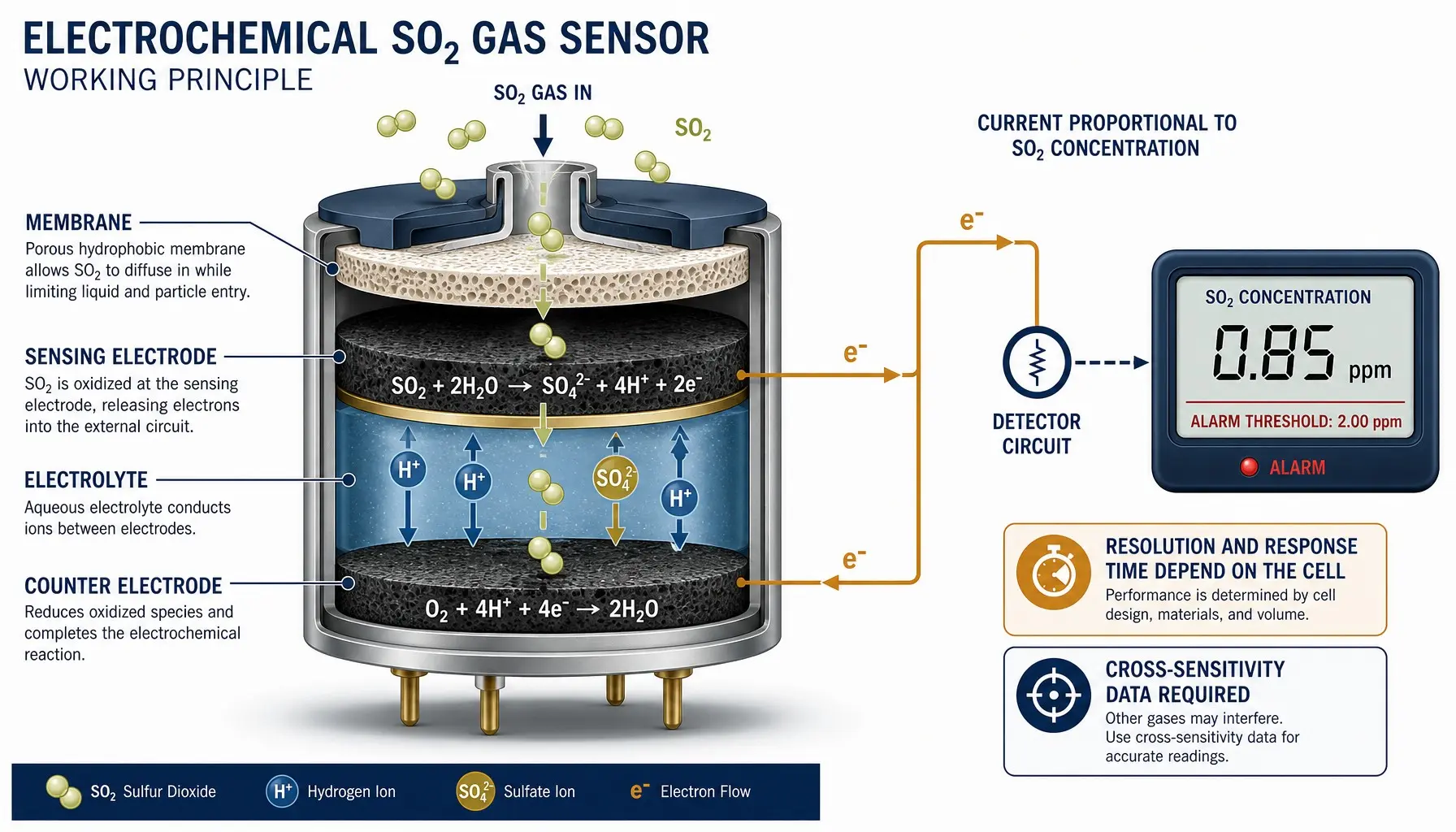 Sulfur dioxide sensor technologies including electrochemical sensors and analytical monitors