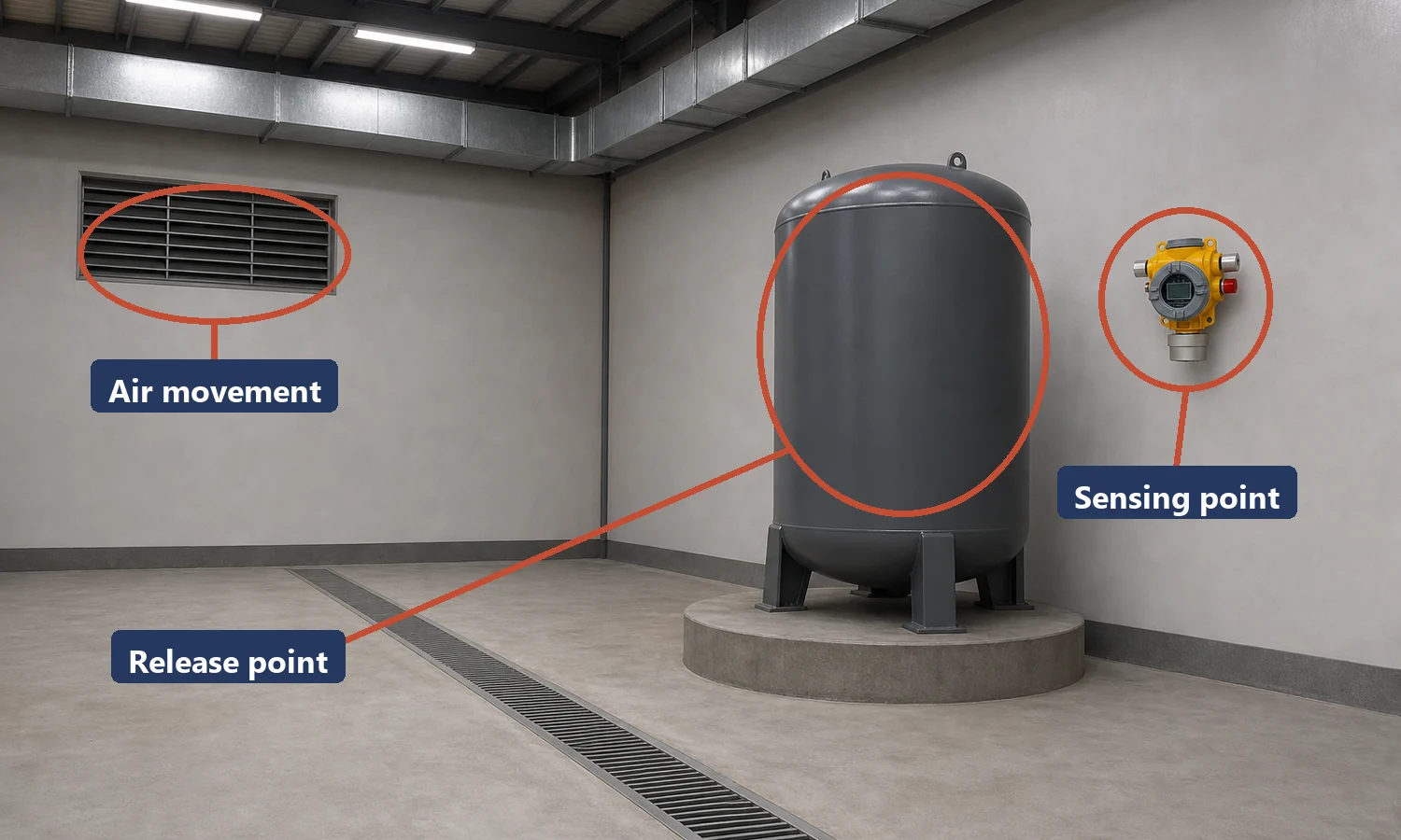 HCN process hall marked with release point air movement and sensing point