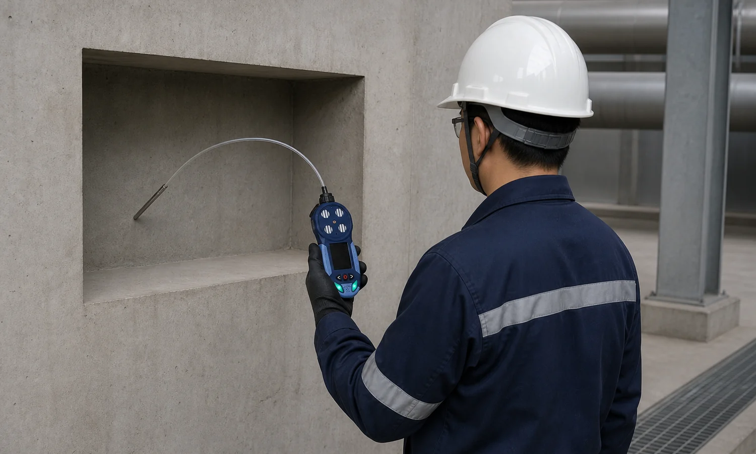 Technician sampling a recessed point with a pumped portable detector