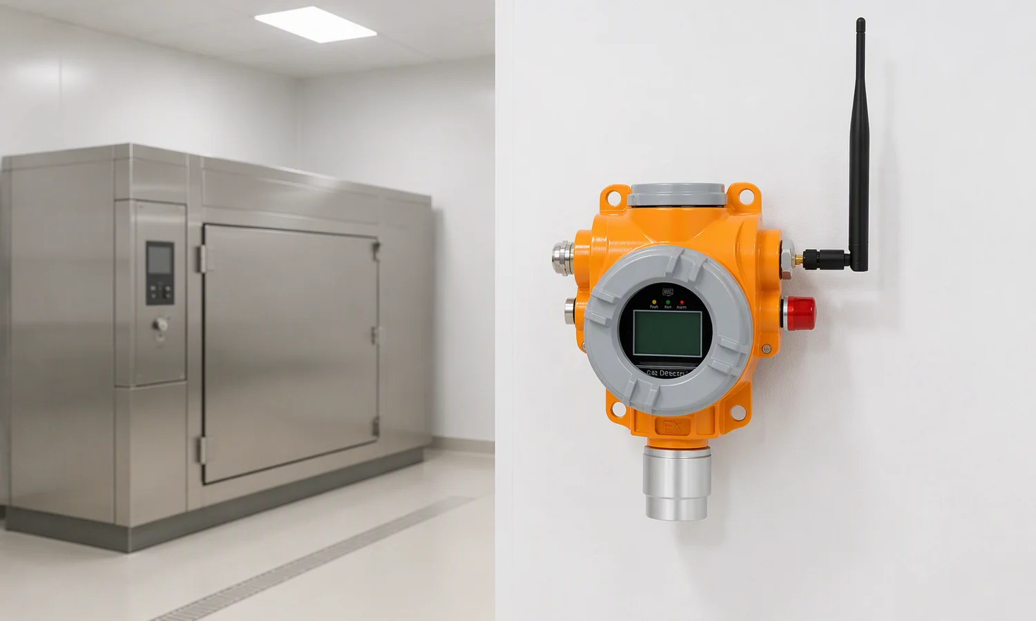 Otywell TCB2-W wireless detector mounted in an empty sterilization room
