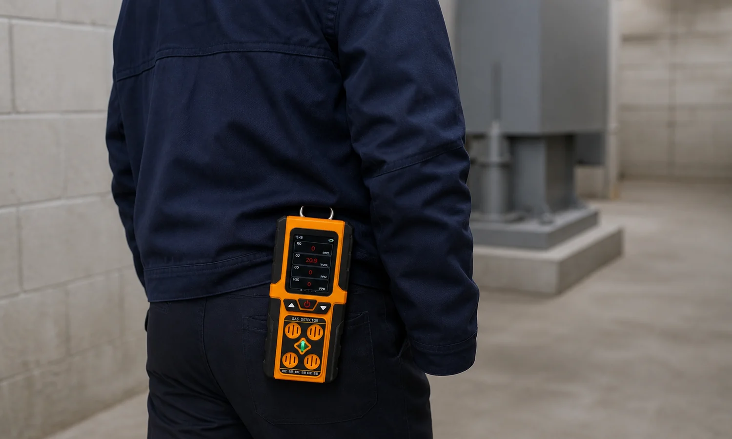 Worker carrying a portable nitric oxide detector through a plant aisle