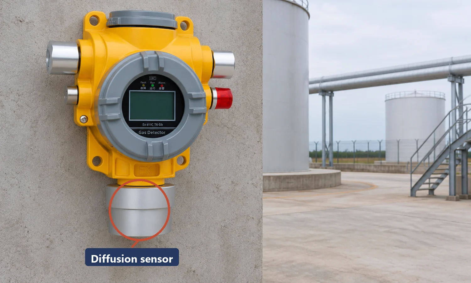 Fixed HCN detector on an outdoor wall beside a tank bund