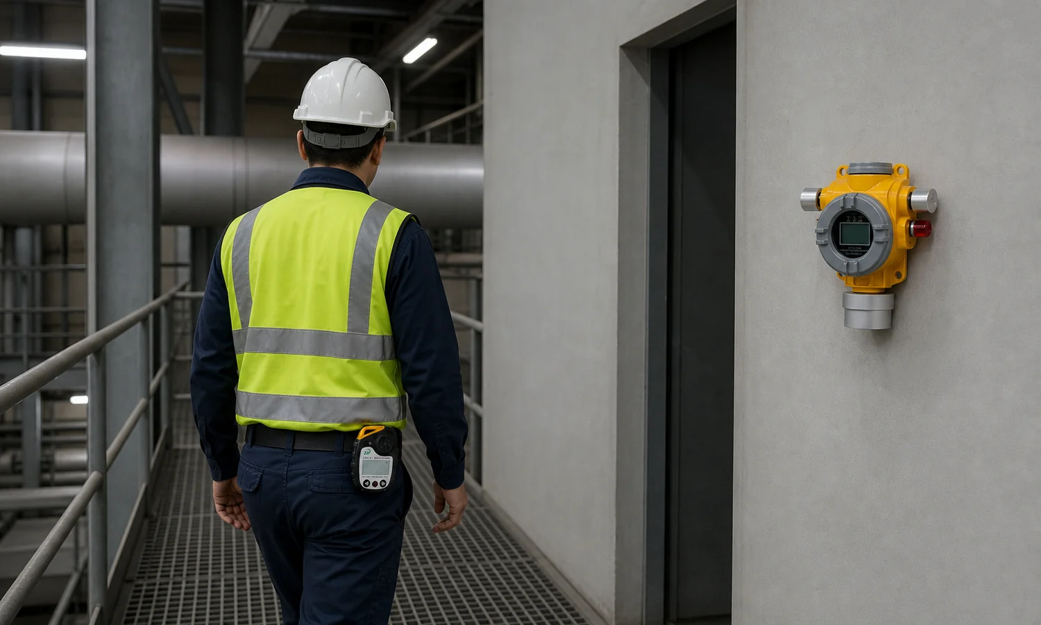 Technician with a worn portable detector and a fixed HCN detector
