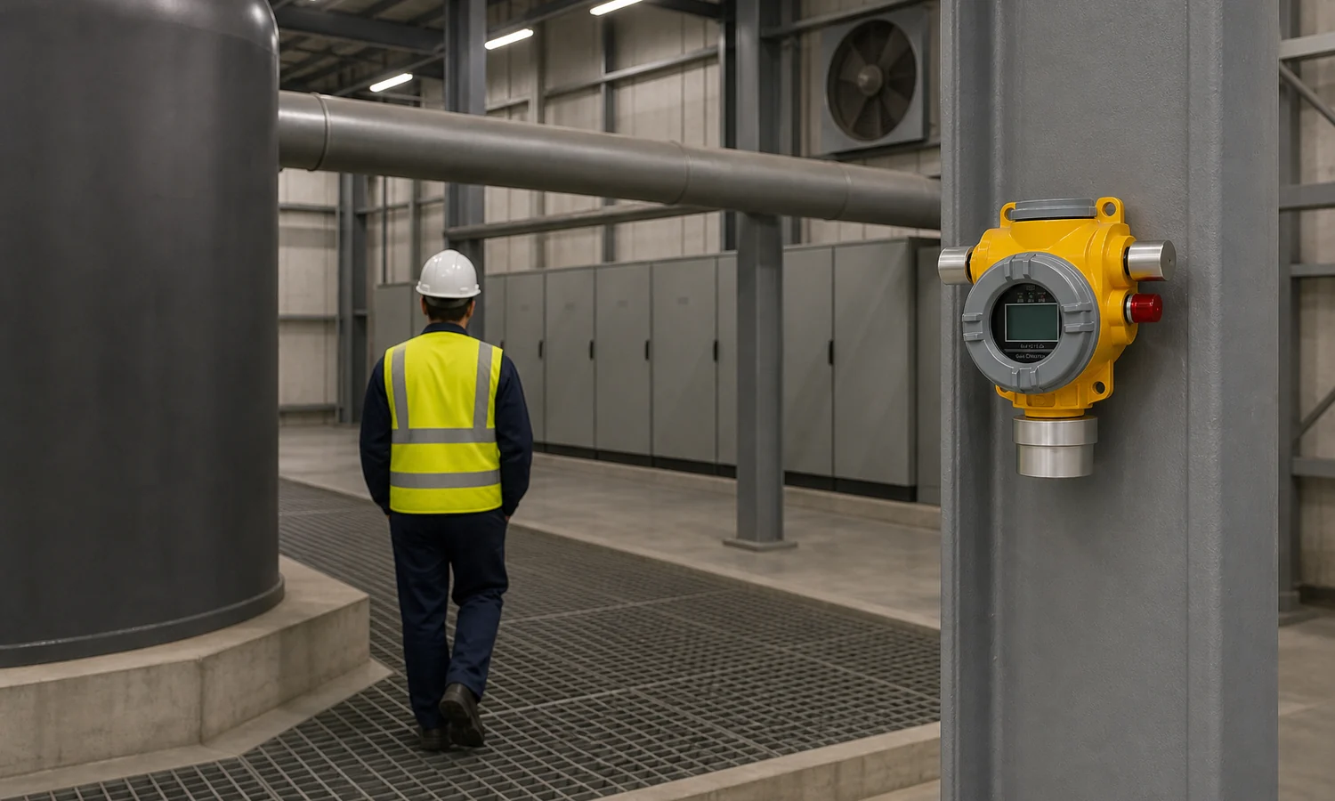 Yellow fixed detector on a steel column in an industrial process hall