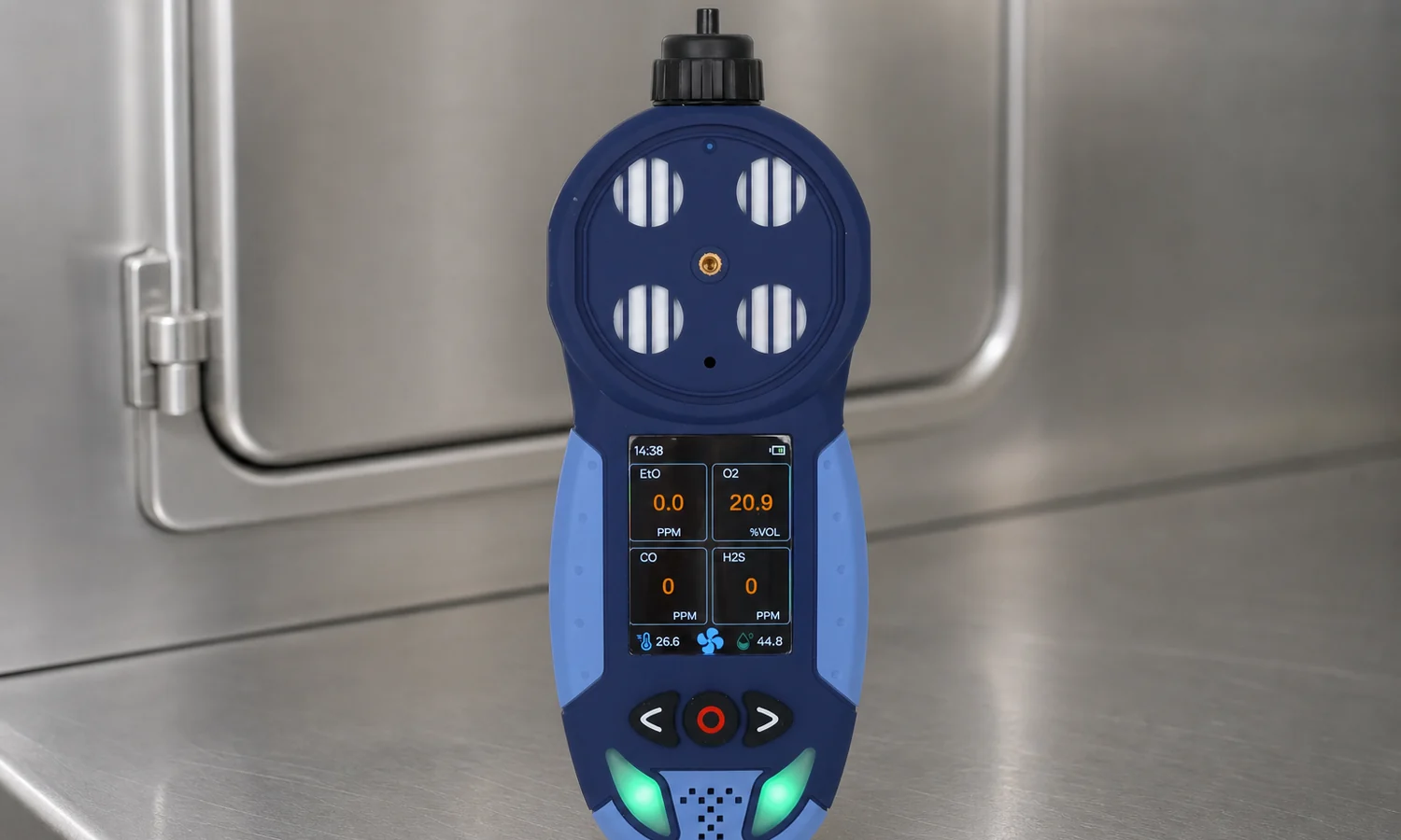 Otywell OT135S diffusion detector reading EtO beside a sterilizer chamber
