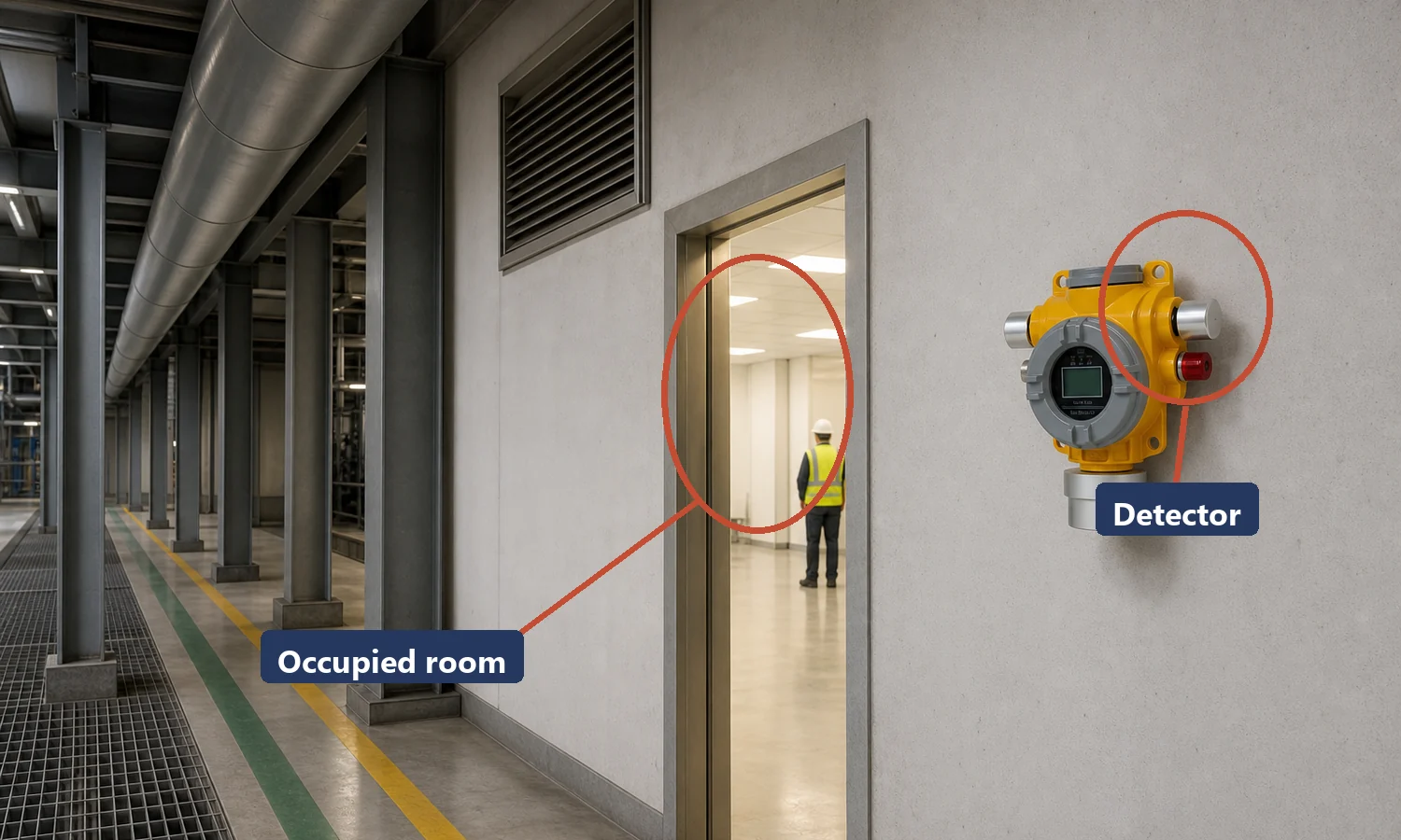 Fixed HCN detector and the occupied room its alarm must reach