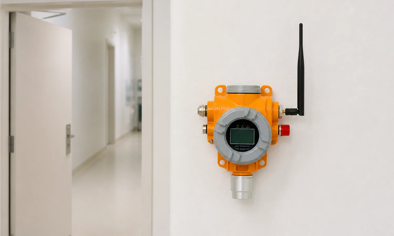 Otywell TCB2-W wireless detector on a wall beside a corridor doorway